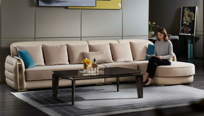 Narożnikowa kanapa Skóra Beige Luxury Żywy krajobraz Couch Zestaw narożny Sofy Meble Design