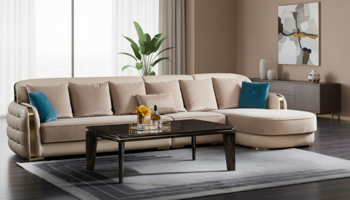 Narożnikowa kanapa Skóra Beige Luxury Żywy krajobraz Couch Zestaw narożny Sofy Meble Design