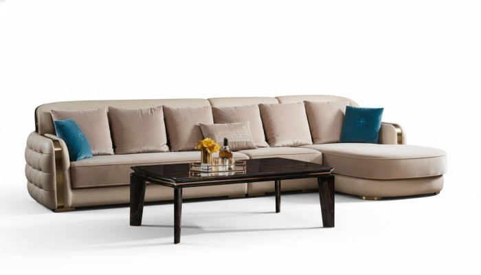 Narożnikowa kanapa Skóra Beige Luxury Żywy krajobraz Couch Zestaw narożny Sofy Meble Design