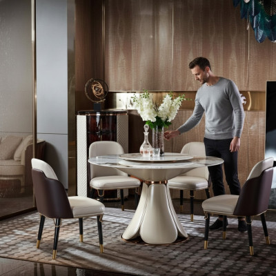 Stół obiadowy 6x Krzesła jadalnia Skóra Tabela Krzesło Okrągły Modern Design Meble