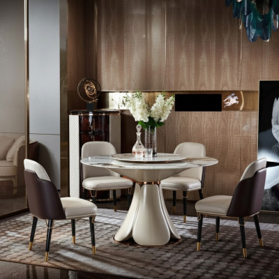 Stół obiadowy 6x Krzesła jadalnia Skóra Tabela Krzesło Okrągły Modern Design Meble
