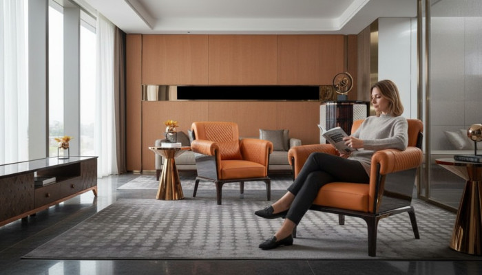 Fotel Orange Skóra Krzesło Lehn Nowoczesny Design Meble Luksusowy Salon Drewno Nowość