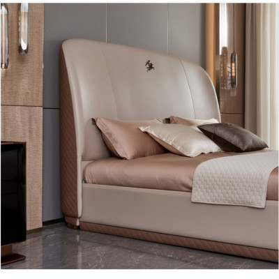 Łóżko 2x Stolik nocny Skóra Drewno Sypialnia Łóżko Skórzane Nowoczesny Design Meble