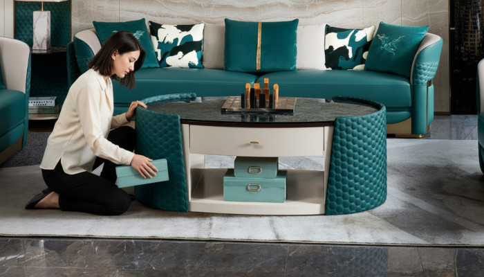 stolik kawowy Drewno Skóra Turkis Owalny Nowoczesny Design Meble Luksusowy Salon 140x83