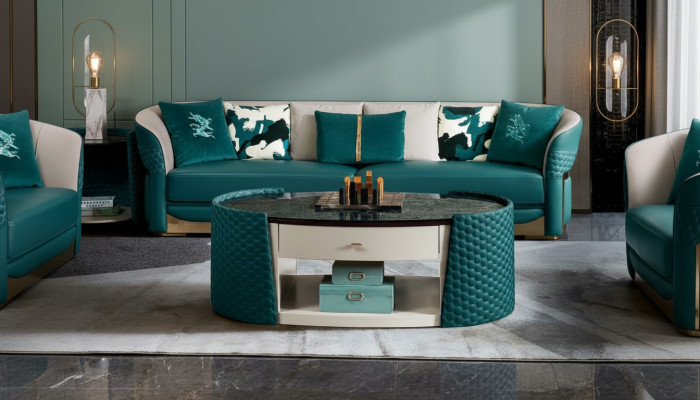 stolik kawowy Drewno Skóra Turkis Owalny Nowoczesny Design Meble Luksusowy Salon 140x83