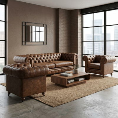 Styl z epoki antycznej Chesterfield zestaw mebli tapicerowanych Sofa Sofa zestawy mebli skórzane