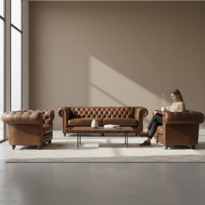 Braun Chesterfield +2 Fotel klubowy Skórzane kanapy Nowoczesne meble Na nowo urządzone wnętrze Kanapa do salonu