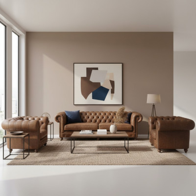 Braun Chesterfield +2 Fotel klubowy Skórzane kanapy Nowoczesne meble Na nowo urządzone wnętrze Kanapa do salonu