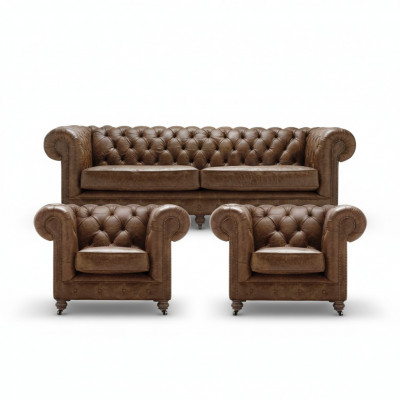 Braun Chesterfield +2 Fotel klubowy Skórzane kanapy Nowoczesne meble Na nowo urządzone wnętrze Kanapa do salonu