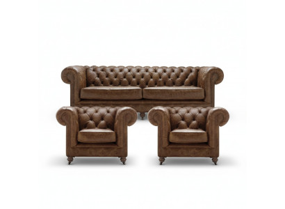 Braun Chesterfield +2 Fotel klubowy Skórzane kanapy Nowoczesne meble Na nowo urządzone wnętrze Kanapa do salonu