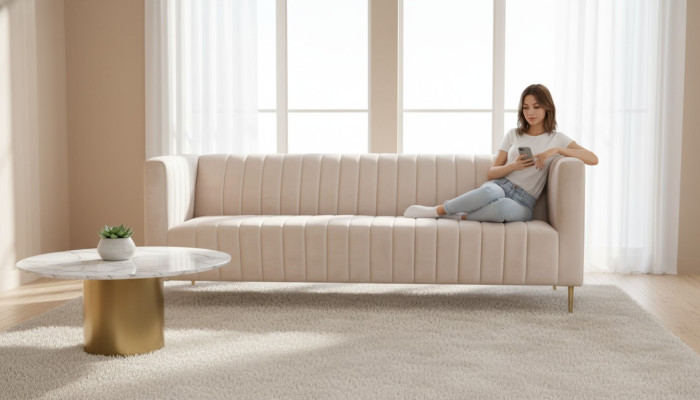 Beżowa trzyosobowa sofa z tkaniny do salonu, nowoczesne zaopatrzenie w sofy.