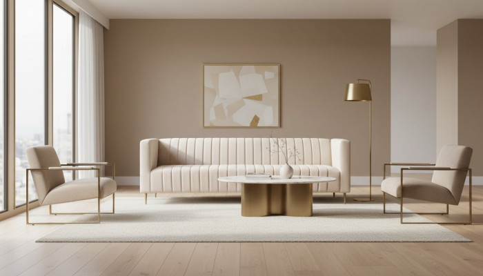 Beżowa trzyosobowa sofa z tkaniny do salonu, nowoczesne zaopatrzenie w sofy.