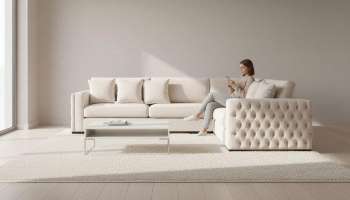 Sofa narożne Beige Kanapa w salonie Narożnik Poduszki Welurowe Meble Design Tkanina Nowa