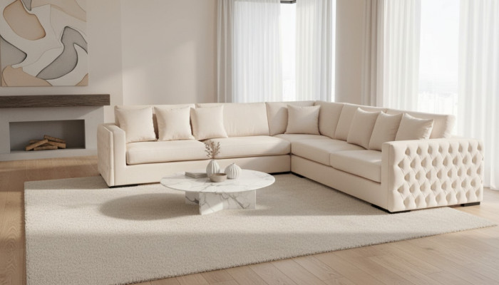 Sofa narożne Beige Kanapa w salonie Narożnik Poduszki Welurowe Meble Design Tkanina Nowa