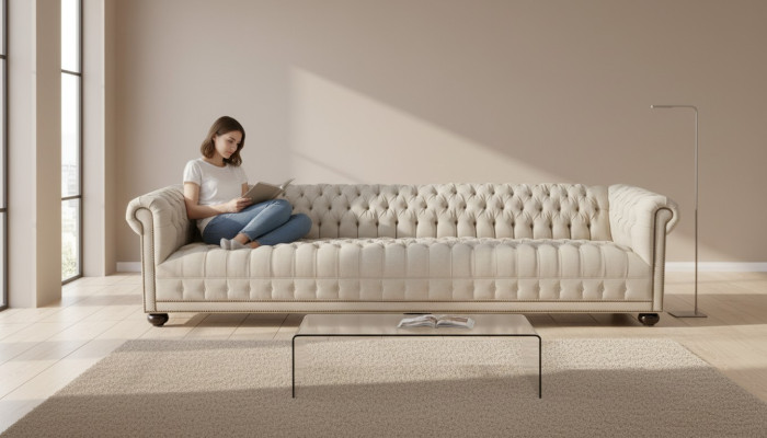 Kremowy Chesterfield Salon Czteromiejscowe Kanapy Sofa Meble Materiałowe Sofy
