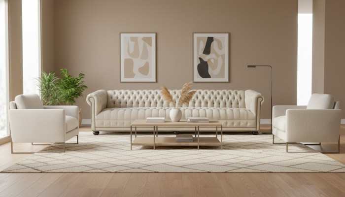 Kremowy Chesterfield Salon Czteromiejscowe Kanapy Sofa Meble Materiałowe Sofy