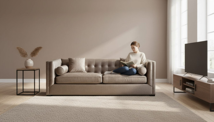 Brązowa trzyosobowa tkaninowa sofa do salonu w stylu Chesterfield.