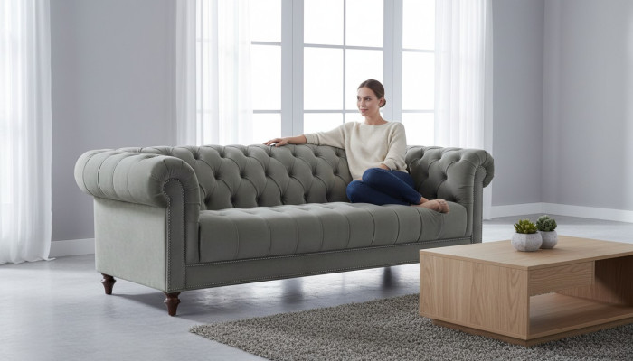 Sage Green Trzyosobowy Materiał Projekt salonu Podkładka Sofa Sofy Chesterfield