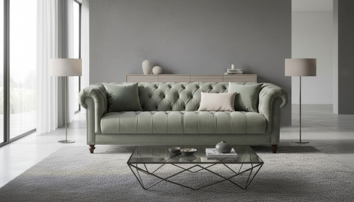 Sage Green Trzyosobowy Materiał Projekt salonu Podkładka Sofa Sofy Chesterfield