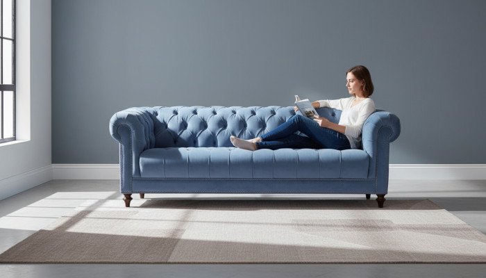 Jasnoniebieskie Trzyosobowe Materiałowe Kanapy Chesterfield Design Podkładka Sofy Oryginał Nowe