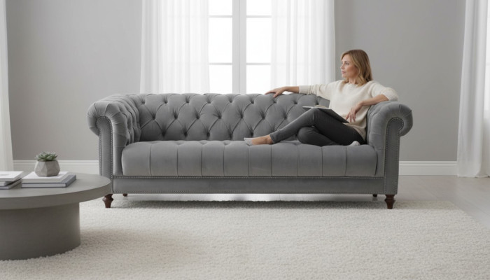 Trzyosobowa szara materiałowa kanapa do salonu Podkładka Sofa Sofy Chesterfield