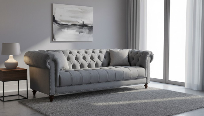 Trzyosobowa szara materiałowa kanapa do salonu Podkładka Sofa Sofy Chesterfield
