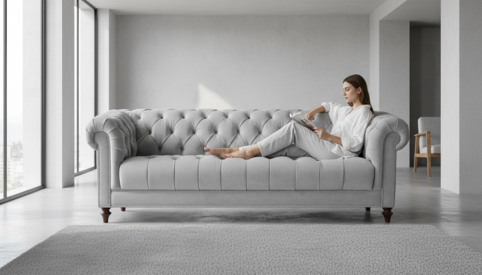 Jasnoszara Trzyosobowa Chesterfield Nowy Materiał Sofy do Salonu Podkładka Sofa Sofy