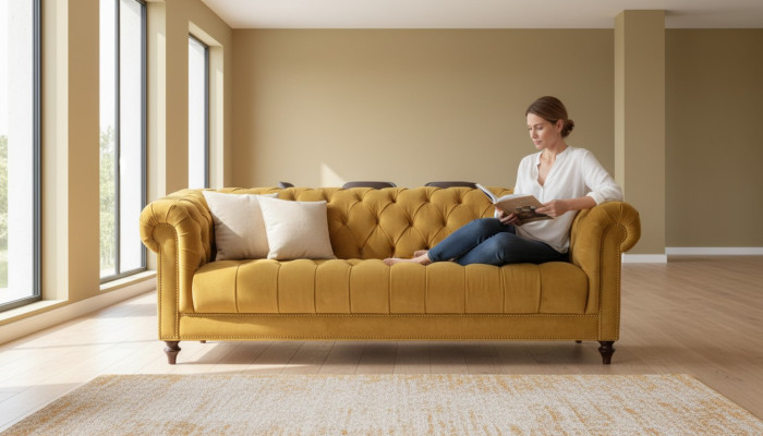 Żółty Trzyosobowy Materiał Projekt Salonu Kanapy Podkładka Sofa Sofy Chesterfield