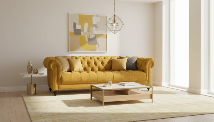 Żółty Trzyosobowy Materiał Projekt Salonu Kanapy Podkładka Sofa Sofy Chesterfield