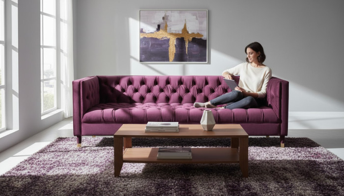 Burgundowa Trzyosobowa Materiałowa Sofa Do Salonu Podkładka Sofa Chesterfield Nowość