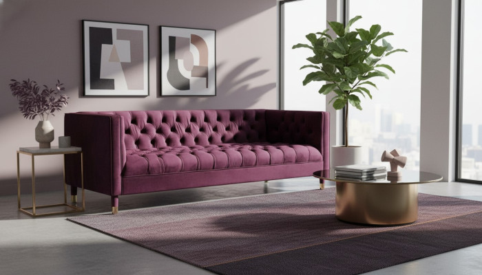 Burgundowa Trzyosobowa Materiałowa Sofa Do Salonu Podkładka Sofa Chesterfield Nowość
