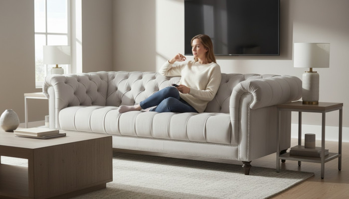 Sofy Trzyosobowe Srebrne Materiał Design Podkładka Sofy Oryginał Chesterfield Nowe