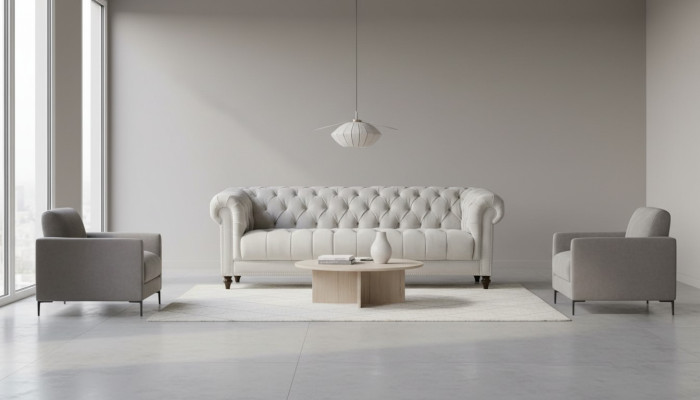 Sofy Trzyosobowe Srebrne Materiał Design Podkładka Sofy Oryginał Chesterfield Nowe