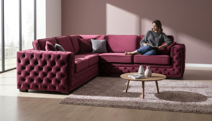 Fioletowa kanapa Chesterfield luksusowa Aksamit Materiał komplet wypoczynkowy Przyciski Podkładka Nowość