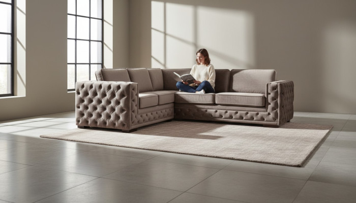 Kanapa Chesterfield luksusowa sofa Aksamit Material Przyciski Podkładka nowa beżowa