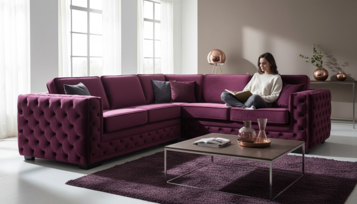 Burgundowa Narożnikowa kanapa Chesterfield Aksamit Materiał Meble Nowa sofa do salonu o nowoczesnym designie