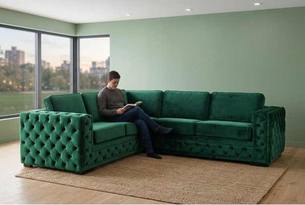 Zielony narożnik Chesterfield w nowoczesnym designie salonu - meble, w których można znaleźć narożnik wykonany ze szlachetnego materiału.