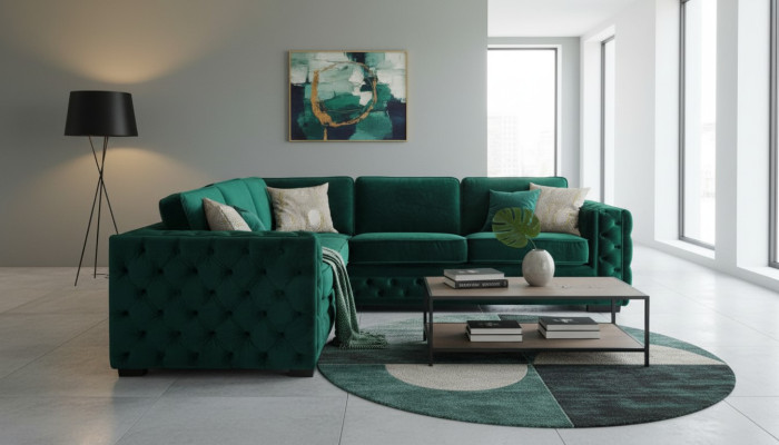 Zielony narożnik Chesterfield w nowoczesnym designie salonu - meble, w których można znaleźć narożnik wykonany ze szlachetnego materiału.