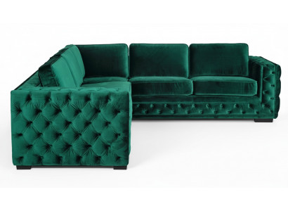 Zielony narożnik Chesterfield w nowoczesnym designie salonu - meble, w których można znaleźć narożnik wykonany ze szlachetnego materiału.