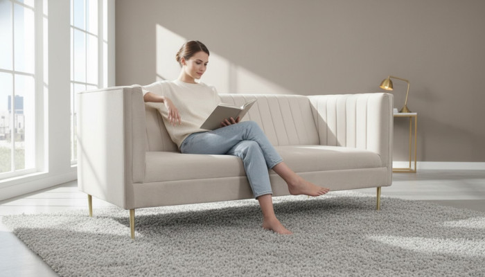 Włoskie meble trzyosobowa sofa z nowoczesnym designem, pokryte tekstylną tkaniną w kolorze beżowym.