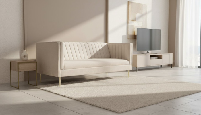 Włoskie meble trzyosobowa sofa z nowoczesnym designem, pokryte tekstylną tkaniną w kolorze beżowym.