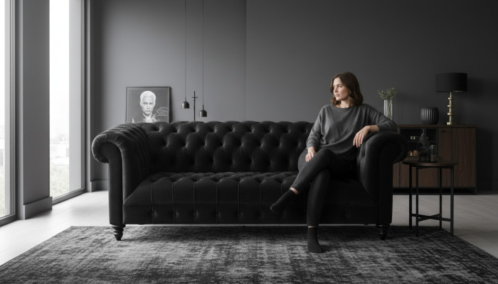Czarna Aksamit Couch Luksusowa Podkładka Chesterfield Meble Sofa z Przyciskami Trzyosobowa