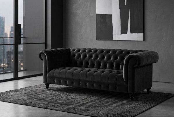 Czarna Aksamit Couch Luksusowa Podkładka Chesterfield Meble Sofa z Przyciskami Trzyosobowa