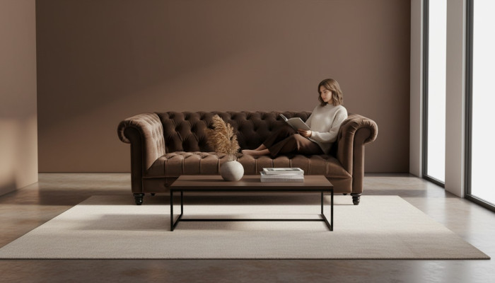 Brązowa Aksamit Couch Luksusowa Podkładka Chesterfield Meble Sofa z Przyciskami trzyosobowa