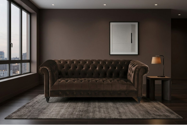 Brązowa Aksamit Couch Luksusowa Podkładka Chesterfield Meble Sofa z Przyciskami trzyosobowa