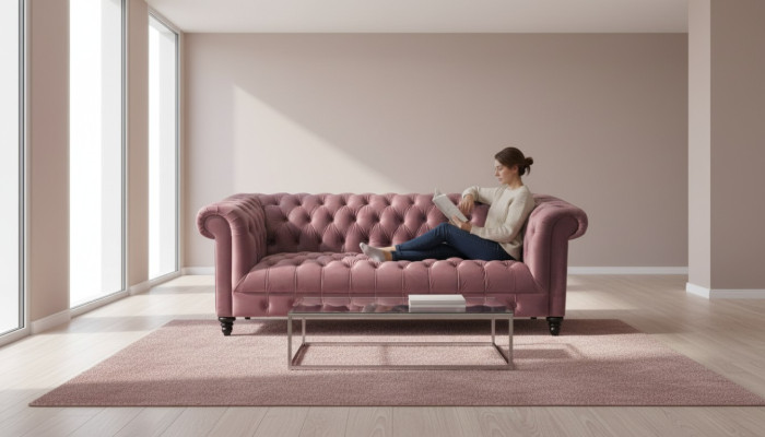 Fuksja Aksamit Couch Luksusowa Podkładka Chesterfield Meble Sofa z Przyciskami trzyosobowa