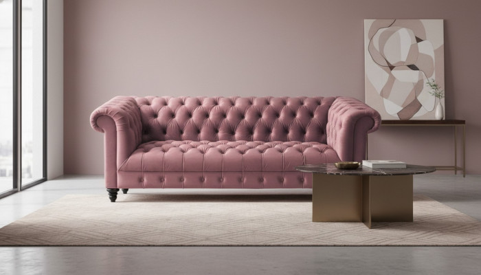 Fuksja Aksamit Couch Luksusowa Podkładka Chesterfield Meble Sofa z Przyciskami trzyosobowa