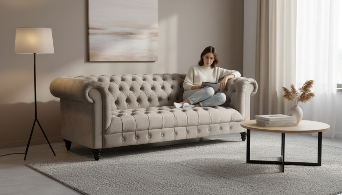 Beżowa Aksamit Couch Luksusowa Podkładka Chesterfield Meble Sofa z Przyciskami trzyosobowa