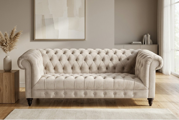 Kanapa Chesterfield Beżowa Aksamit Luksusowa Podkładka Meble Sofa z Przyciskami Trzyosobowa