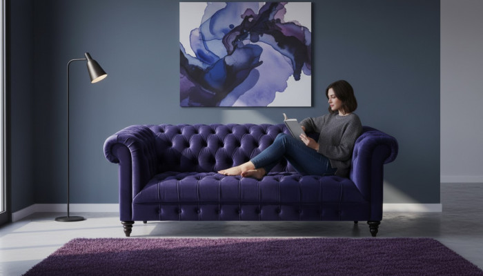 Chesterfield Fioletowa Aksamit Couch Luksusowa Podkładka Meble Sofa z Przyciskami Trzyosobowa